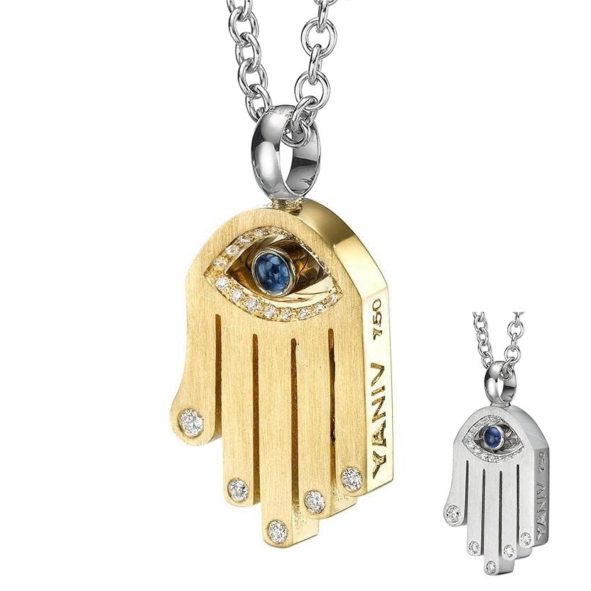 18K Gold Diamond Hamsa and Evil Eye Pendant Necklace with Sapphire Stone  (Choice of Colors), Jewish Jewelry | Judaica WebStore