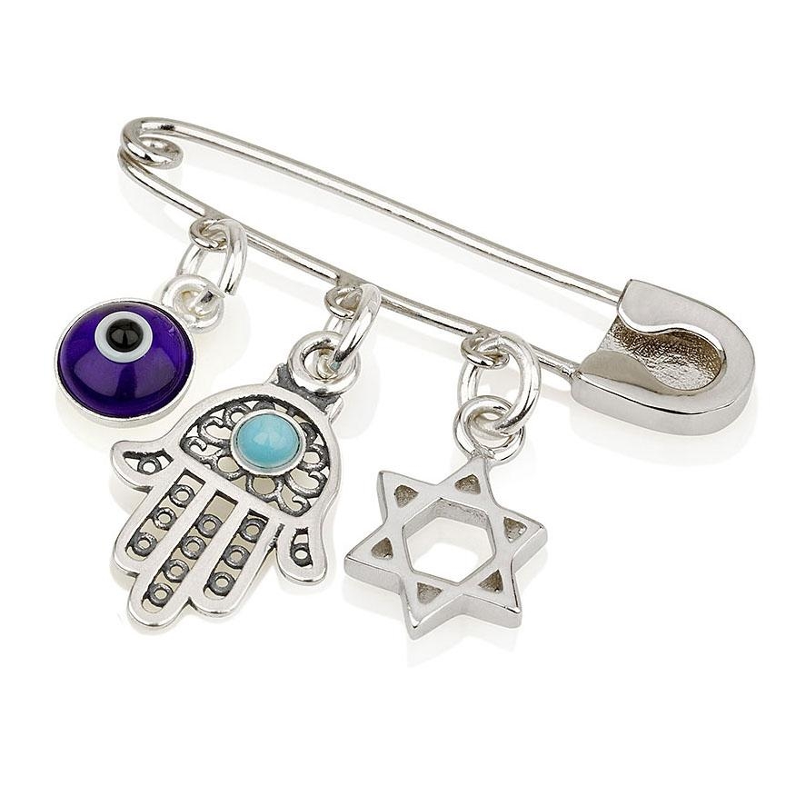 925 Sterling Silver Baby Pin with Star of David, Hamsa and Evil Eye Charms,  Jewish Gifts from Israel | Judaica WebStore