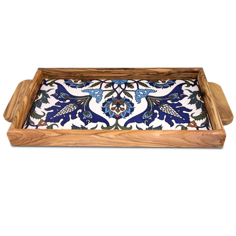 Colorful Flowers: Olive Wood & Armenian Ceramic Serving Tray | Judaica Web  Store