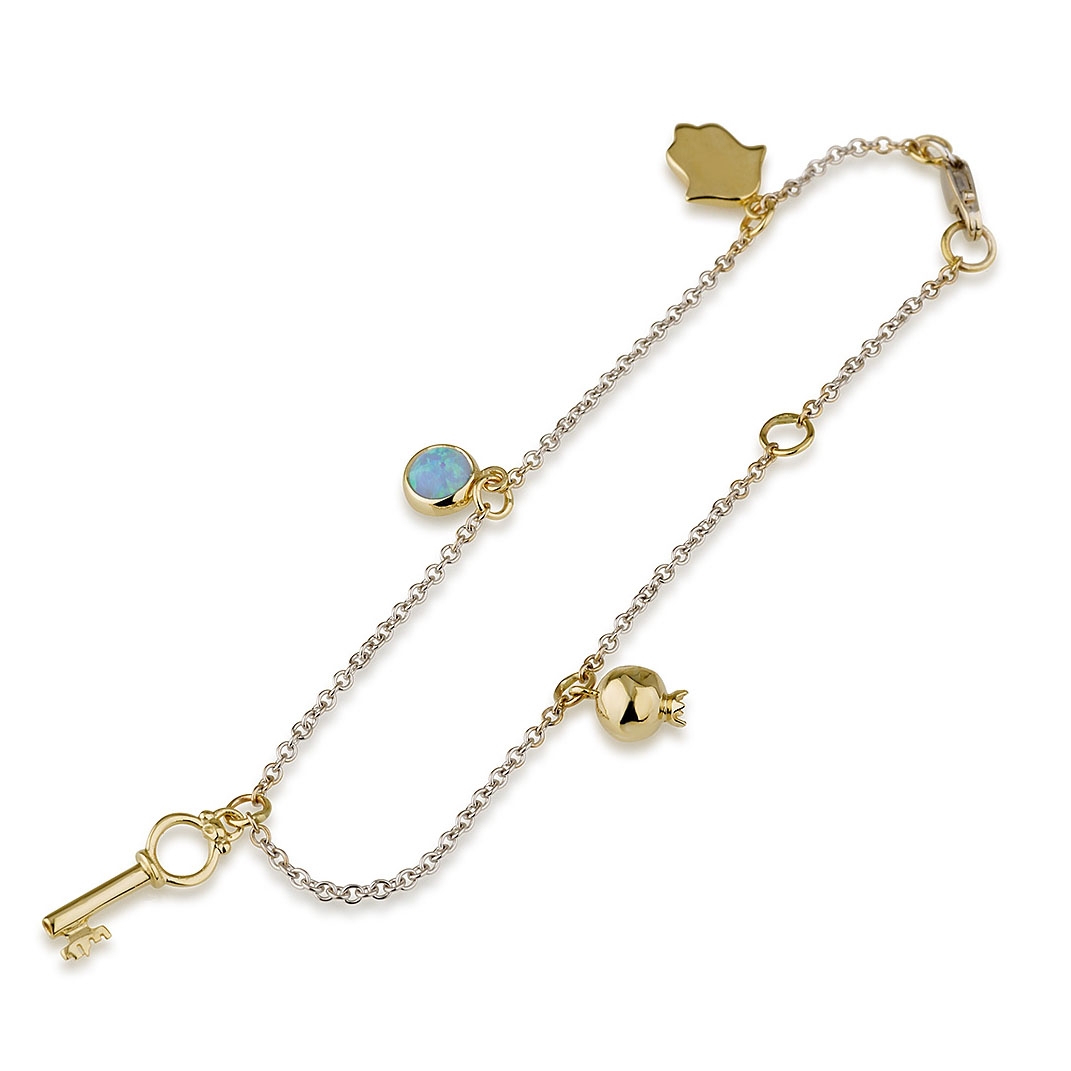 14K White Gold Hamsa and Pomegranate Charm Bracelet, Jewish Jewelry |  Judaica WebStore