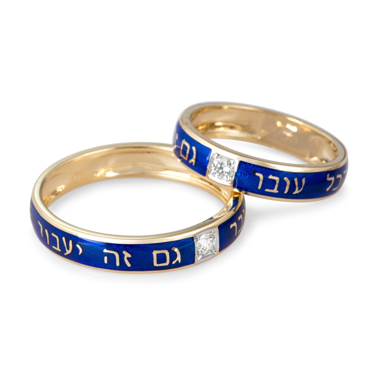 Diamond-Accented 14K Yellow Gold and Blue Enamel "This Too Shall Pass" Ring  (Hebrew) – For Women and Men, Jewelry | Judaica Webstore