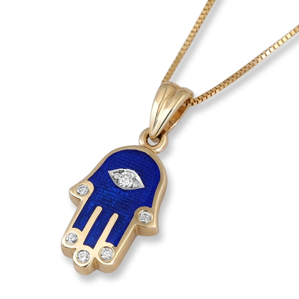 14K Gold and Blue Enamel Hamsa Pendant Necklace with Diamond Fingers and  Evil Eye, Jewish Jewelry | Judaica WebStore