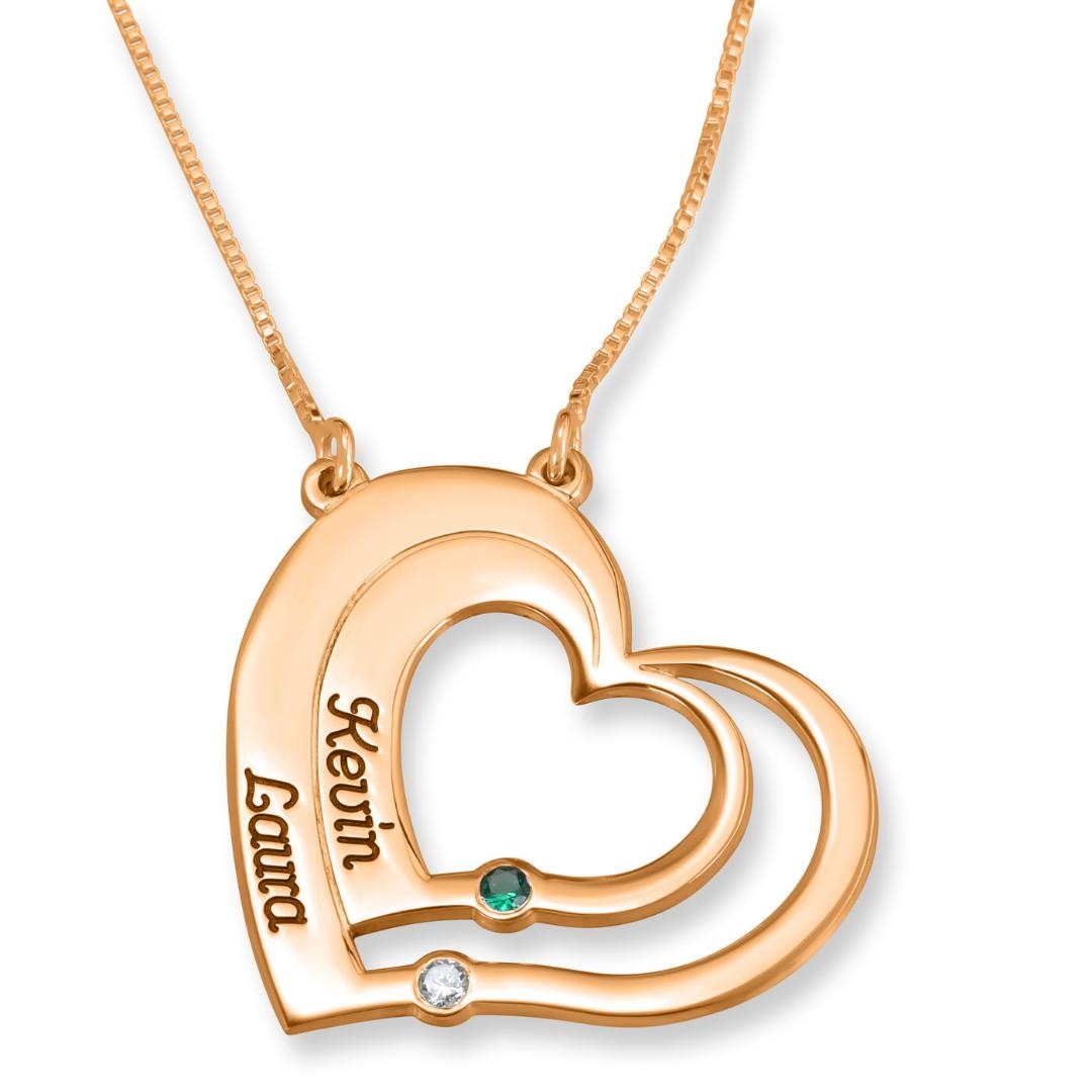 24K Rose Gold Plated Up to Two Kids' Names Mom Double Heart Necklace with  Birthstones, Name Jewelry | Judaica WebStore