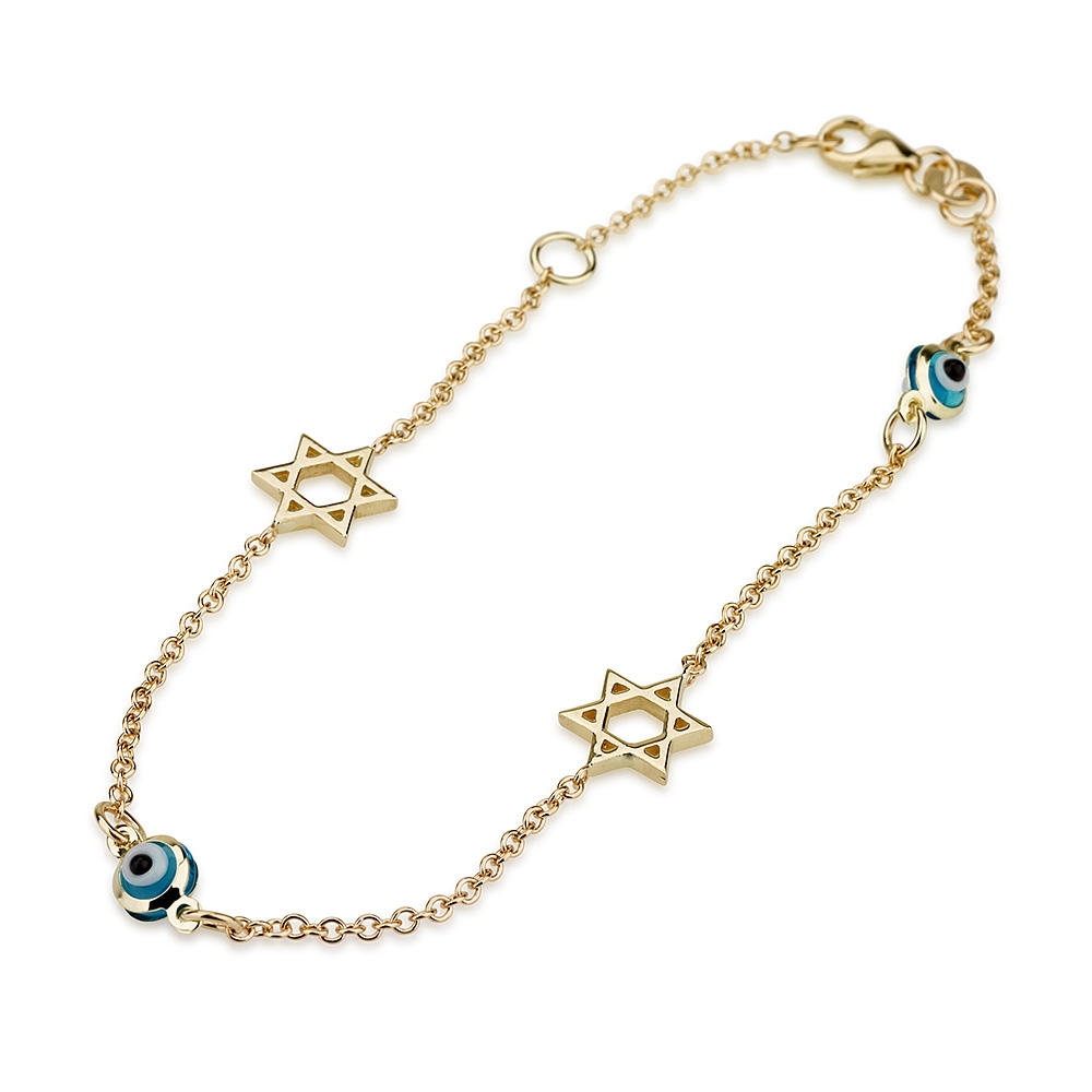 14K Yellow Gold Bracelet with Eye and Star of David Charms, Jewish Jewelry  | Judaica Web Store